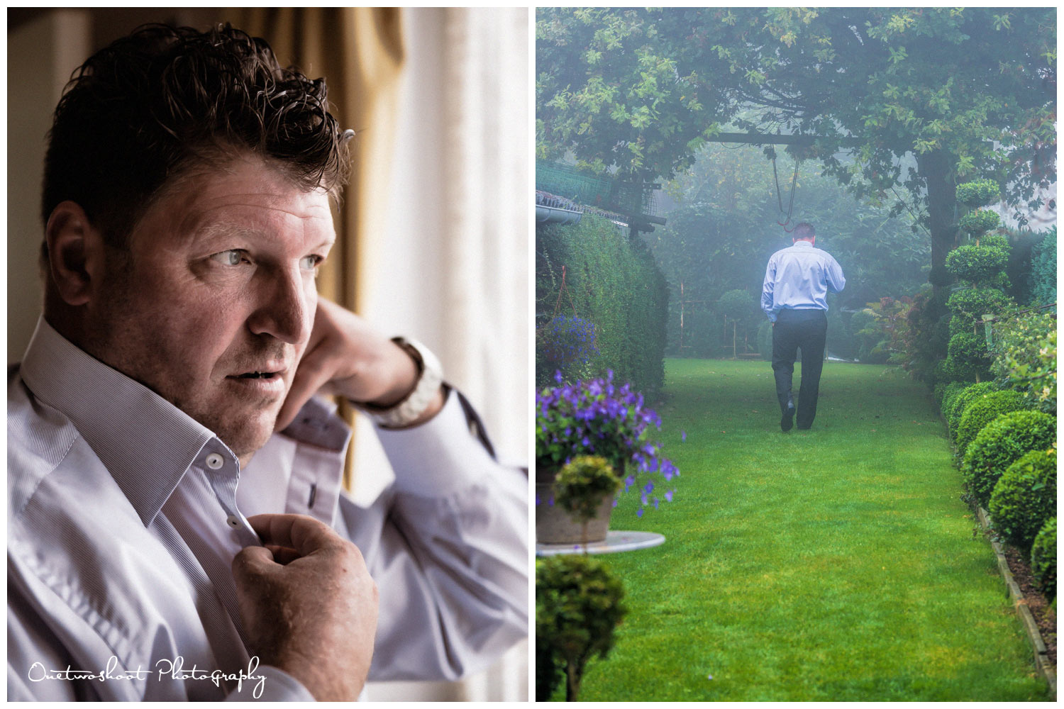 voorbereiding van de bruidegom huwelijk aan het raam en in de tuin gefotografeerd door huwelijksfotograaf